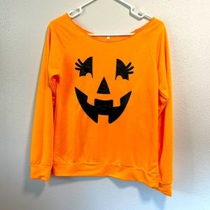 Boutique Halloween off the shoulder orange long sleeve shirt pumpkin face Med